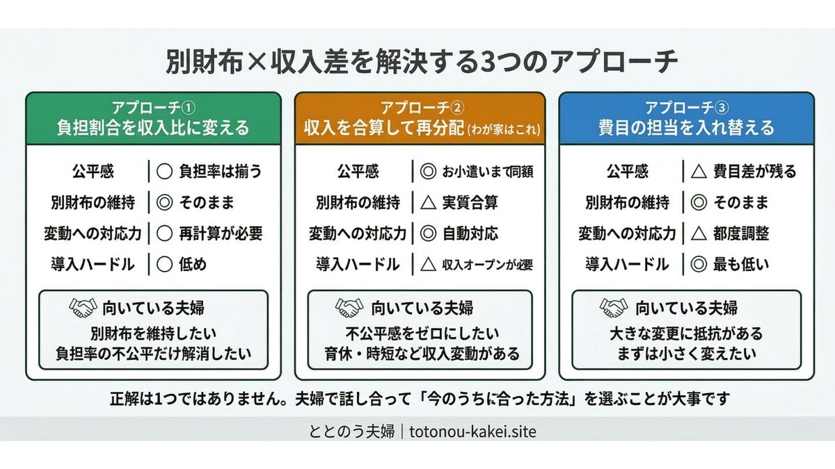 別財布×収入差を解決する3つのアプローチ比較表