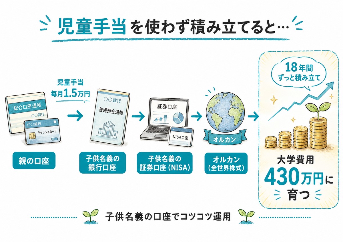 児童手当を子供名義口座で運用し18年で約430万円に育てるフロー図